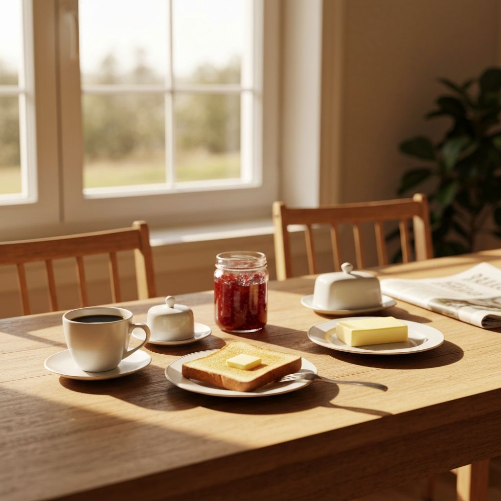 Breakfast table setting with coffee and toast