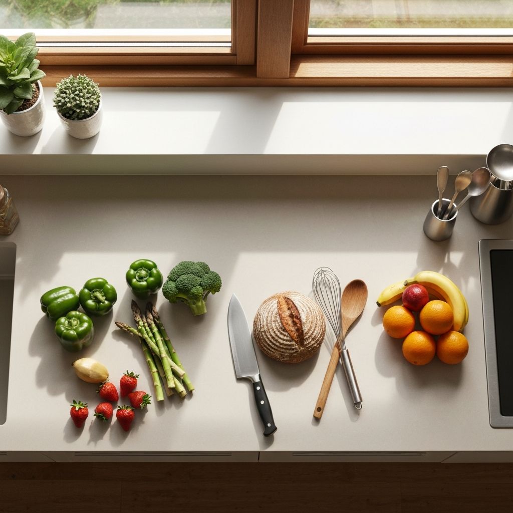 Fresh vegetables and kitchen items arranged on a counter